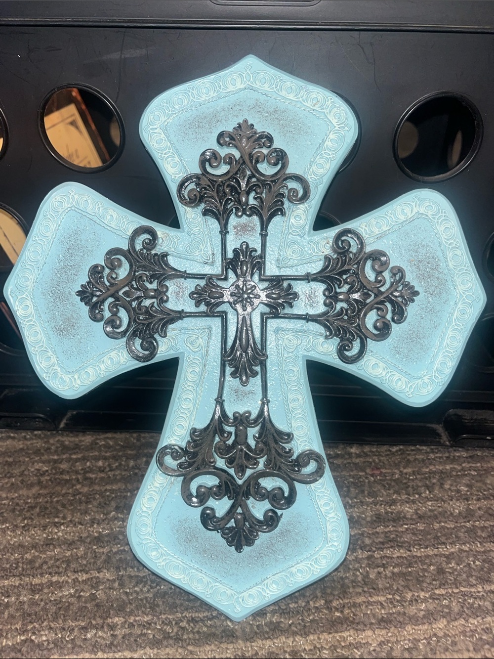 Decorative Blue Wall Cross with Ornate Bronze Accent Beautiful Decor 539
